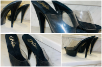 Getragene, schwarze, offene Plateau High Heels