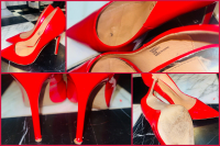 Rote Lack-Pumps, stark getragen
