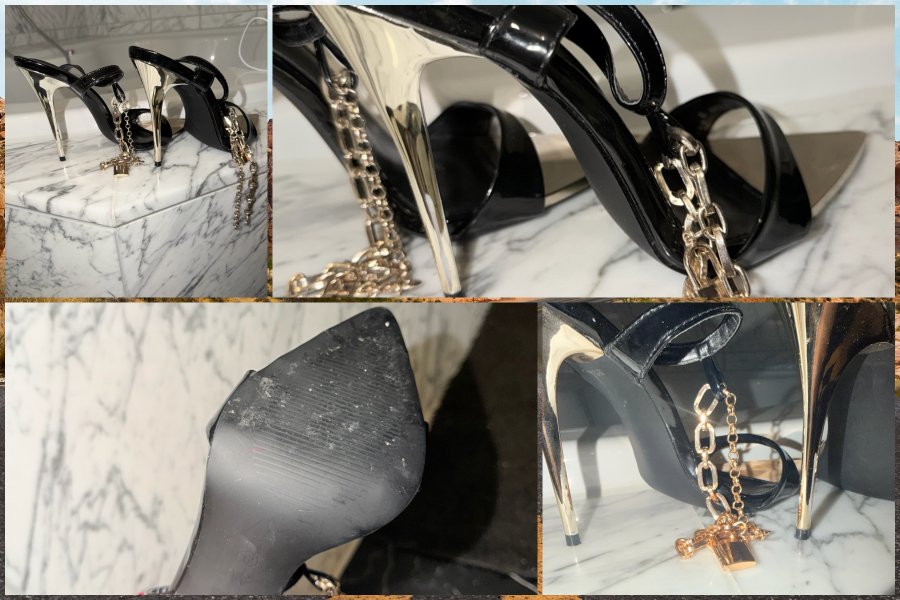 Getragene schwarze Lack-Heels mit Goldkette & Schloss